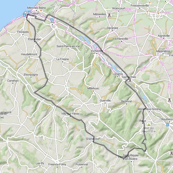 Miniature de la carte de l'inspiration cycliste "La Vallée de l'Yères et ses Trésors" dans la Haute-Normandie, France. Générée par le planificateur d'itinéraire cycliste Tarmacs.app