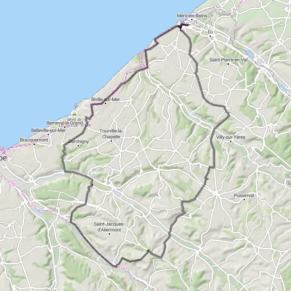 Miniature de la carte de l'inspiration cycliste "Les Collines du Pays de Bray" dans la Haute-Normandie, France. Générée par le planificateur d'itinéraire cycliste Tarmacs.app