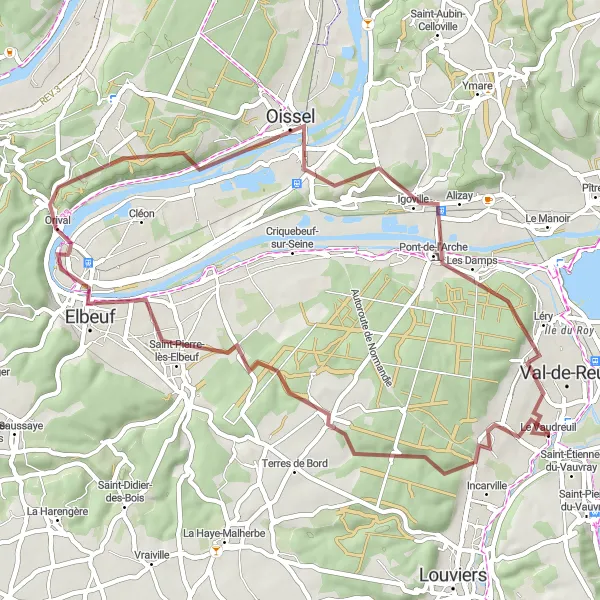 Map miniature of "Gravel Adventure to Léry" cycling inspiration in Haute-Normandie, France. Generated by Tarmacs.app cycling route planner