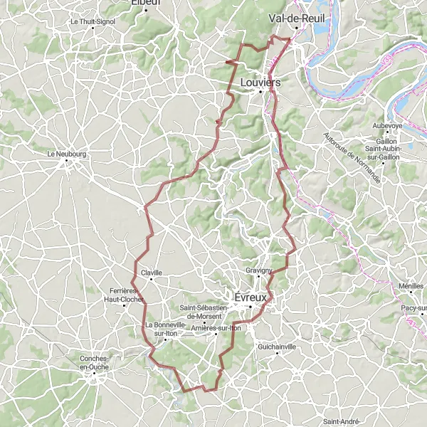 Miniature de la carte de l'inspiration cycliste "Boucle Gravel autour de Le Vaudreuil" dans la Haute-Normandie, France. Générée par le planificateur d'itinéraire cycliste Tarmacs.app