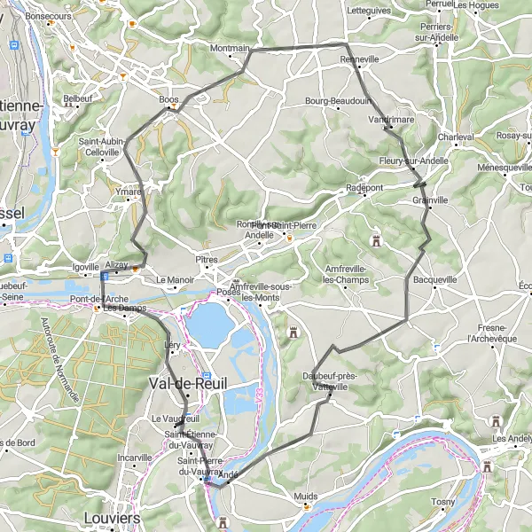 Miniature de la carte de l'inspiration cycliste "La Boucle Val-de-Reuil" dans la Haute-Normandie, France. Générée par le planificateur d'itinéraire cycliste Tarmacs.app