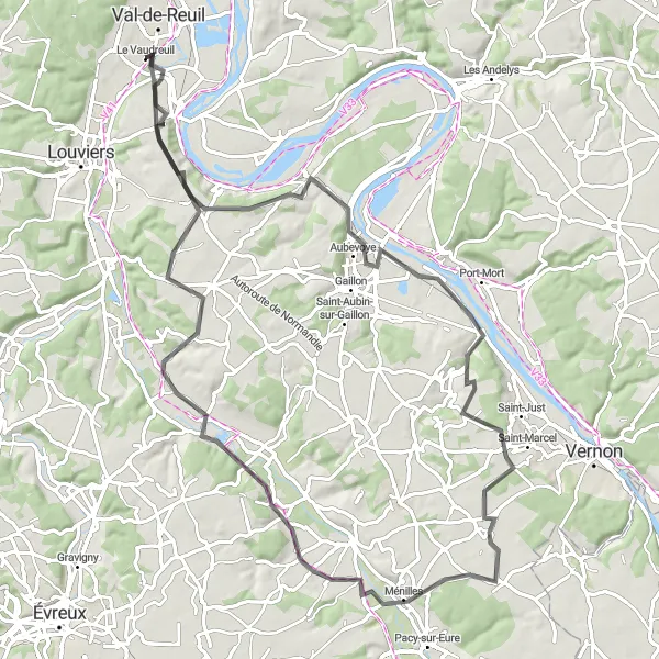 Miniature de la carte de l'inspiration cycliste "Parcours Road panoramique près de Le Vaudreuil" dans la Haute-Normandie, France. Générée par le planificateur d'itinéraire cycliste Tarmacs.app