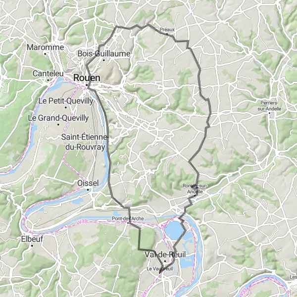 Miniature de la carte de l'inspiration cycliste "La Grande Boucle vers les Deux Amants" dans la Haute-Normandie, France. Générée par le planificateur d'itinéraire cycliste Tarmacs.app