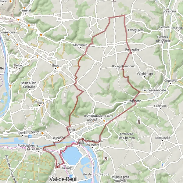 Map miniature of "Exploring Gravel Terrain and Natural Beauty" cycling inspiration in Haute-Normandie, France. Generated by Tarmacs.app cycling route planner