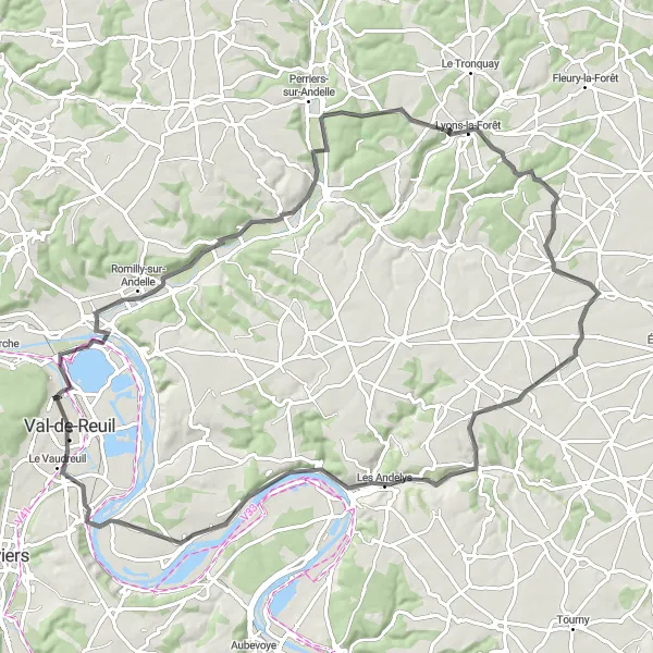 Miniature de la carte de l'inspiration cycliste "La route des deux amants" dans la Haute-Normandie, France. Générée par le planificateur d'itinéraire cycliste Tarmacs.app