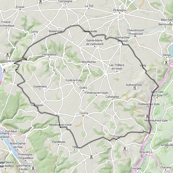 Map miniature of "Les Andelys to Hennezis Loop" cycling inspiration in Haute-Normandie, France. Generated by Tarmacs.app cycling route planner