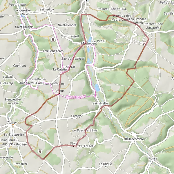 Map miniature of "Sévis and Cropus Gravel Route" cycling inspiration in Haute-Normandie, France. Generated by Tarmacs.app cycling route planner