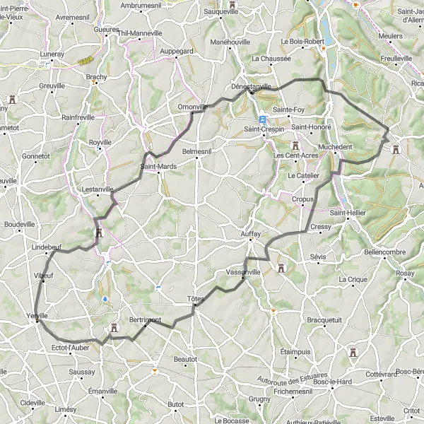 Miniature de la carte de l'inspiration cycliste "Les Vallées et Châteaux" dans la Haute-Normandie, France. Générée par le planificateur d'itinéraire cycliste Tarmacs.app