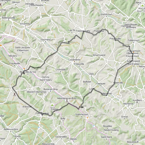 Miniature de la carte de l'inspiration cycliste "Les Châteaux de la Vallée de l'Yères" dans la Haute-Normandie, France. Générée par le planificateur d'itinéraire cycliste Tarmacs.app