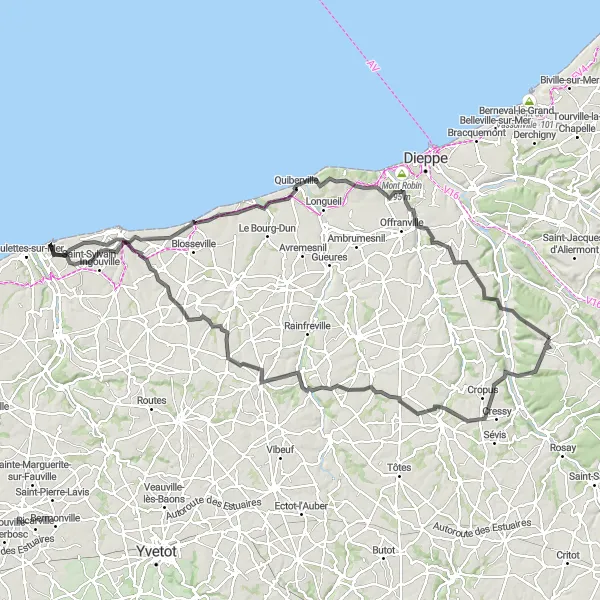 Miniature de la carte de l'inspiration cycliste "Boucle des Falaises et de la Mer" dans la Haute-Normandie, France. Générée par le planificateur d'itinéraire cycliste Tarmacs.app