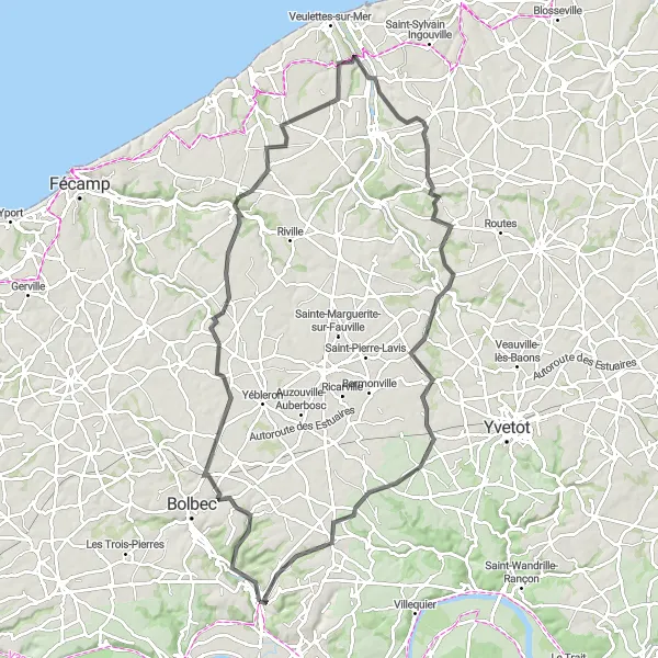 Map miniature of "Côte d'Alabâtre Loop" cycling inspiration in Haute-Normandie, France. Generated by Tarmacs.app cycling route planner