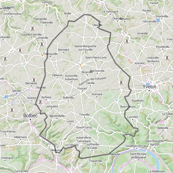 Miniature de la carte de l'inspiration cycliste "Boucle du Château de Baclair" dans la Haute-Normandie, France. Générée par le planificateur d'itinéraire cycliste Tarmacs.app