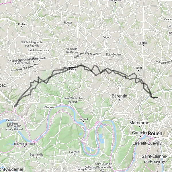 Miniature de la carte de l'inspiration cycliste "Parcours des Chênes Millénaires" dans la Haute-Normandie, France. Générée par le planificateur d'itinéraire cycliste Tarmacs.app