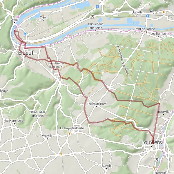 Miniature de la carte de l'inspiration cycliste "Aventure Gravel autour de Louviers" dans la Haute-Normandie, France. Générée par le planificateur d'itinéraire cycliste Tarmacs.app