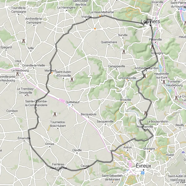 Miniature de la carte de l'inspiration cycliste "La Boucle des Vallées Normandes" dans la Haute-Normandie, France. Générée par le planificateur d'itinéraire cycliste Tarmacs.app