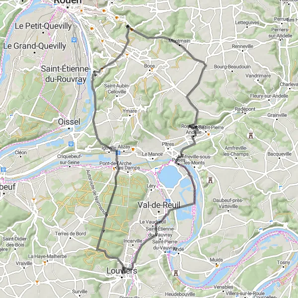 Miniature de la carte de l'inspiration cycliste "La Route des Abbayes Normandes" dans la Haute-Normandie, France. Générée par le planificateur d'itinéraire cycliste Tarmacs.app