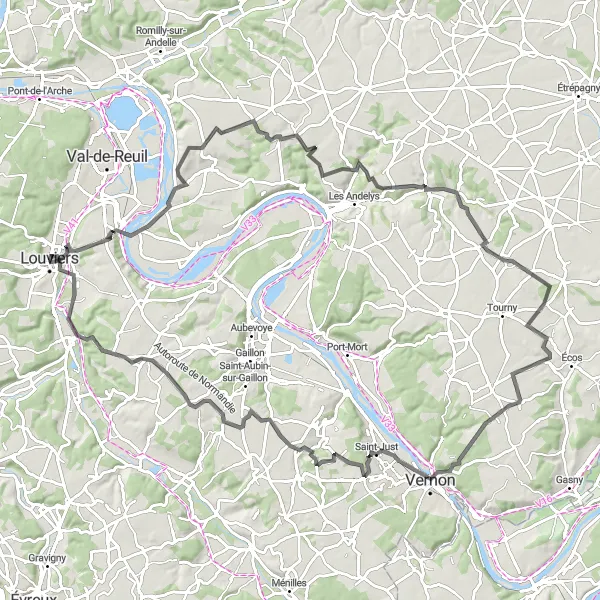 Miniature de la carte de l'inspiration cycliste "Le Chemin des Boucles de la Seine" dans la Haute-Normandie, France. Générée par le planificateur d'itinéraire cycliste Tarmacs.app