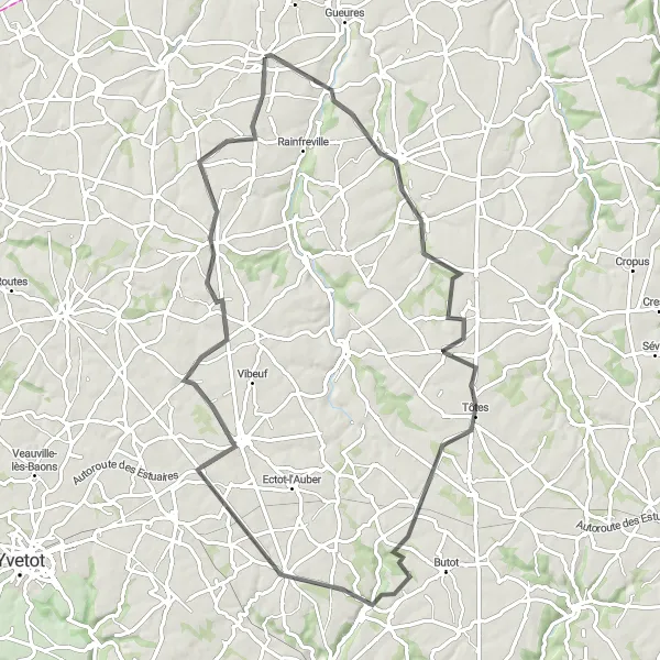 Map miniature of "The Caux Valley Loop" cycling inspiration in Haute-Normandie, France. Generated by Tarmacs.app cycling route planner