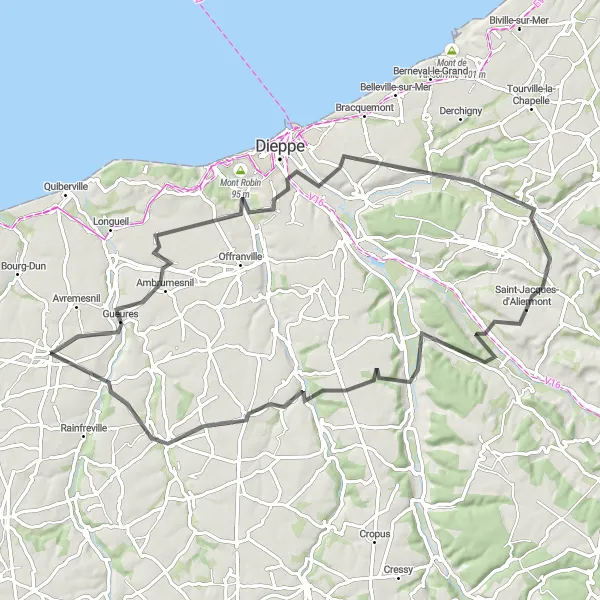 Miniature de la carte de l'inspiration cycliste "Tour de Luneray Côtière" dans la Haute-Normandie, France. Générée par le planificateur d'itinéraire cycliste Tarmacs.app
