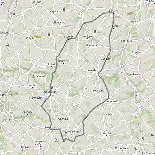 Miniature de la carte de l'inspiration cycliste "Boucle à travers les Villages Normands" dans la Haute-Normandie, France. Générée par le planificateur d'itinéraire cycliste Tarmacs.app