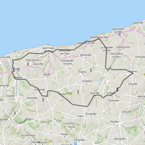 Map miniature of "Luneray to Saint-Valery-en-Caux Route" cycling inspiration in Haute-Normandie, France. Generated by Tarmacs.app cycling route planner