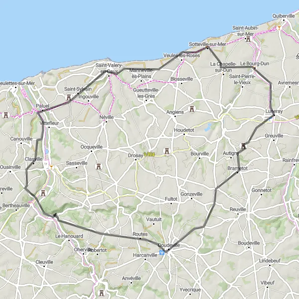 Map miniature of "Coastal and Countryside Delights" cycling inspiration in Haute-Normandie, France. Generated by Tarmacs.app cycling route planner