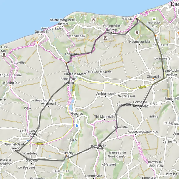 Map miniature of "Charming Coastal Road" cycling inspiration in Haute-Normandie, France. Generated by Tarmacs.app cycling route planner