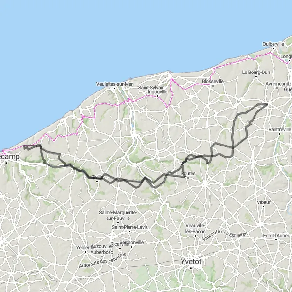 Miniature de la carte de l'inspiration cycliste "La côte normande et ses trésors" dans la Haute-Normandie, France. Générée par le planificateur d'itinéraire cycliste Tarmacs.app