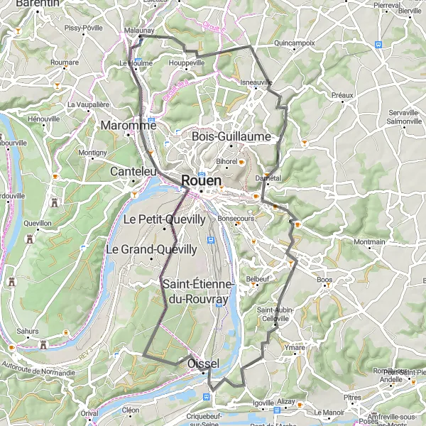 Miniature de la carte de l'inspiration cycliste "Les Collines de l'Agglomération Rouennaise" dans la Haute-Normandie, France. Générée par le planificateur d'itinéraire cycliste Tarmacs.app