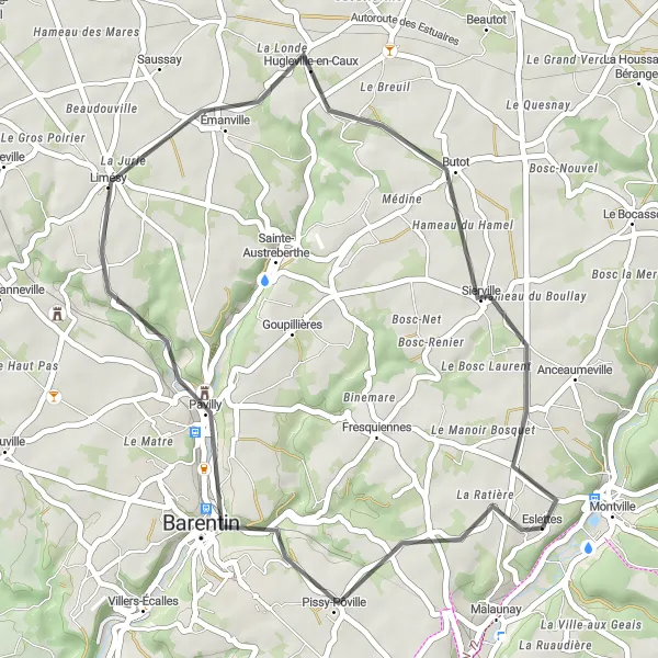 Miniature de la carte de l'inspiration cycliste "Tour de Mont Géricault" dans la Haute-Normandie, France. Générée par le planificateur d'itinéraire cycliste Tarmacs.app