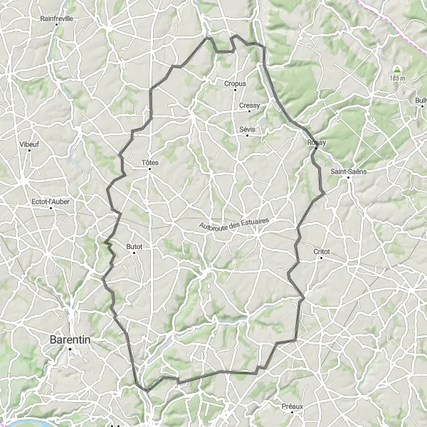 Miniature de la carte de l'inspiration cycliste "Boucle vers Saint-Ouen-du-Breuil" dans la Haute-Normandie, France. Générée par le planificateur d'itinéraire cycliste Tarmacs.app