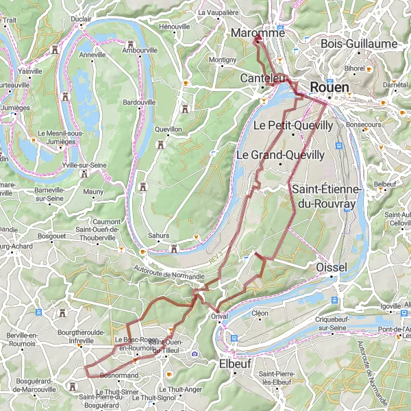 Miniature de la carte de l'inspiration cycliste "Les Chemins de Campagne du Roumois" dans la Haute-Normandie, France. Générée par le planificateur d'itinéraire cycliste Tarmacs.app