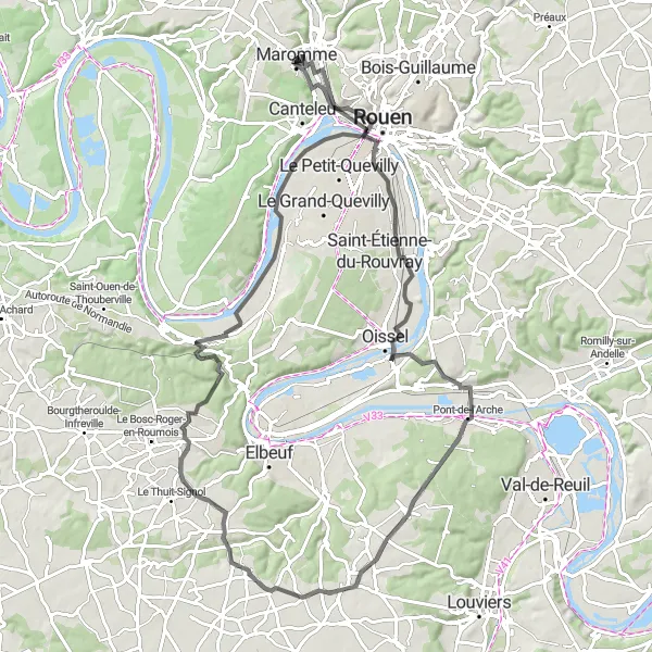 Map miniature of "Maromme - Panorama de Mont-Saint-Aignan Route" cycling inspiration in Haute-Normandie, France. Generated by Tarmacs.app cycling route planner