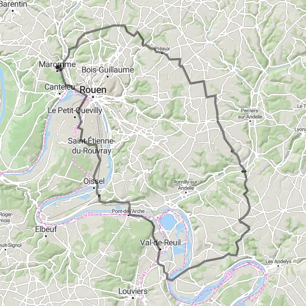 Map miniature of "Through the Charming Villages" cycling inspiration in Haute-Normandie, France. Generated by Tarmacs.app cycling route planner