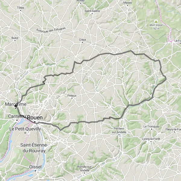 Miniature de la carte de l'inspiration cycliste "Boucle de la Vallée de la Seine" dans la Haute-Normandie, France. Générée par le planificateur d'itinéraire cycliste Tarmacs.app