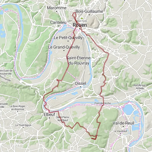 Miniature de la carte de l'inspiration cycliste "Circuit Gravel autour de Rouen" dans la Haute-Normandie, France. Générée par le planificateur d'itinéraire cycliste Tarmacs.app