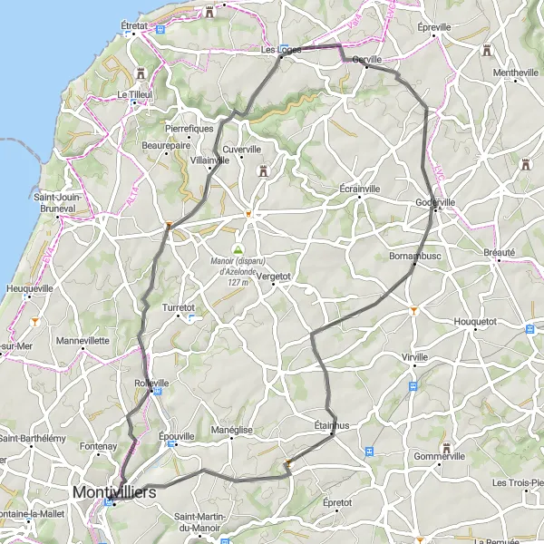 Miniature de la carte de l'inspiration cycliste "Boucle Gonneville-Étainhus" dans la Haute-Normandie, France. Générée par le planificateur d'itinéraire cycliste Tarmacs.app