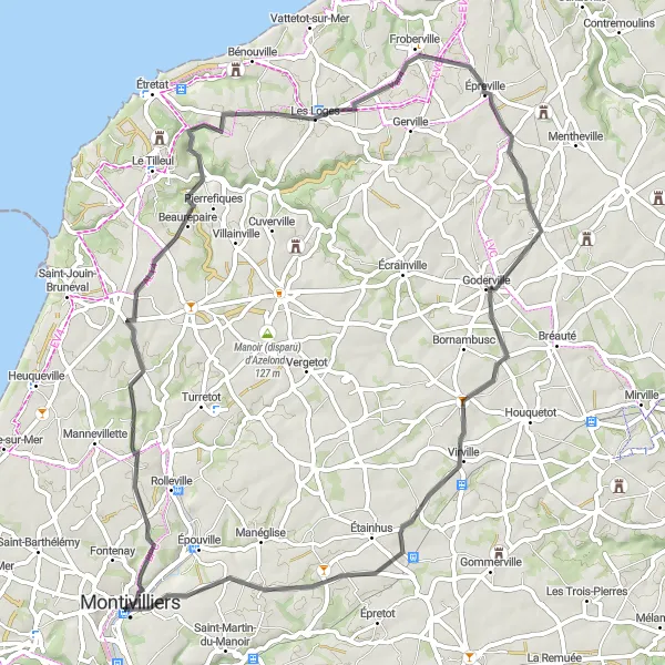 Map miniature of "Montivilliers to Sainneville Round-trip" cycling inspiration in Haute-Normandie, France. Generated by Tarmacs.app cycling route planner