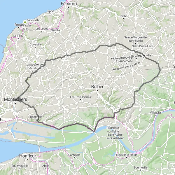 Miniature de la carte de l'inspiration cycliste "Randonnée Valliquerville" dans la Haute-Normandie, France. Générée par le planificateur d'itinéraire cycliste Tarmacs.app