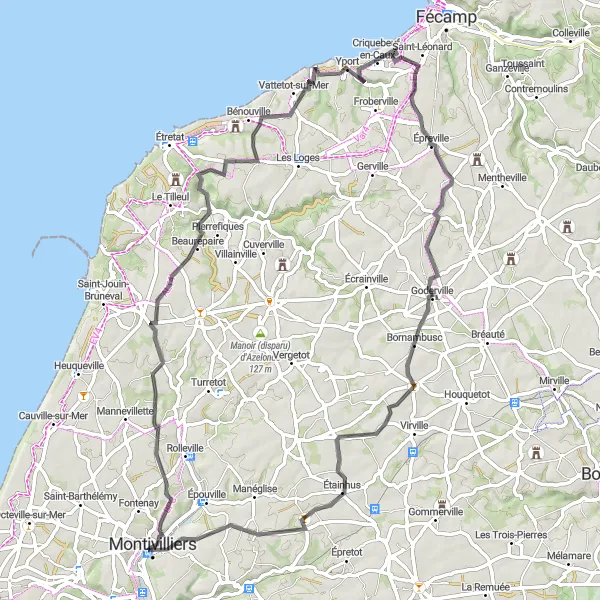 Map miniature of "Montivilliers to Goderville Round-trip" cycling inspiration in Haute-Normandie, France. Generated by Tarmacs.app cycling route planner