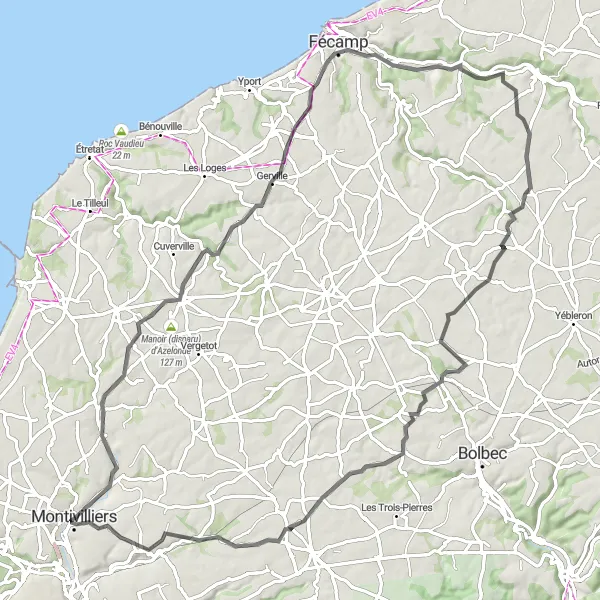 Miniature de la carte de l'inspiration cycliste "De Criquetot à Saint-Laurent" dans la Haute-Normandie, France. Générée par le planificateur d'itinéraire cycliste Tarmacs.app