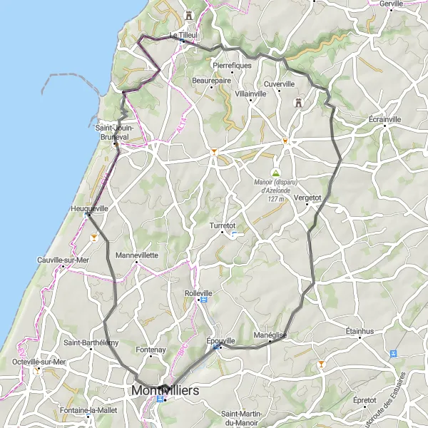 Map miniature of "Saint-Jouin-Bruneval to Le Tilleul" cycling inspiration in Haute-Normandie, France. Generated by Tarmacs.app cycling route planner