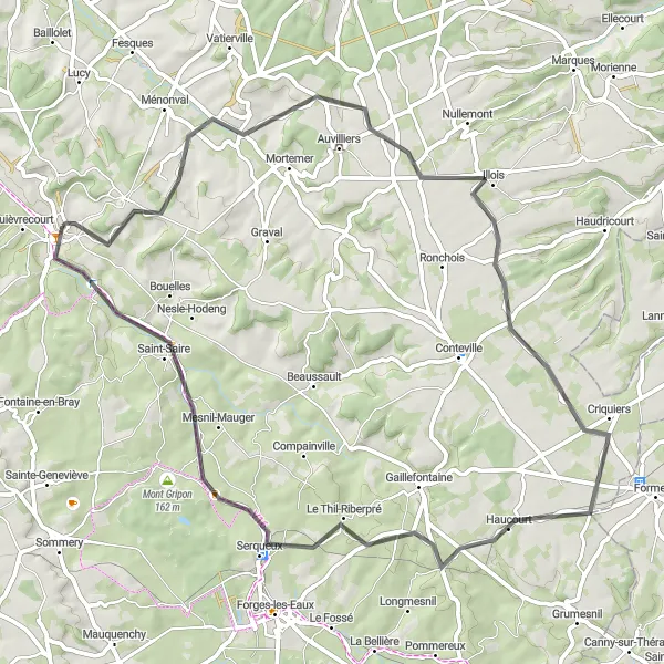 Map miniature of "A Countryside Journey through Sainte-Beuve-en-Rivière" cycling inspiration in Haute-Normandie, France. Generated by Tarmacs.app cycling route planner