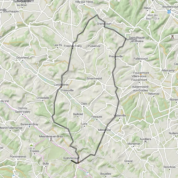 Miniature de la carte de l'inspiration cycliste "Boucle des Collines Normandes" dans la Haute-Normandie, France. Générée par le planificateur d'itinéraire cycliste Tarmacs.app