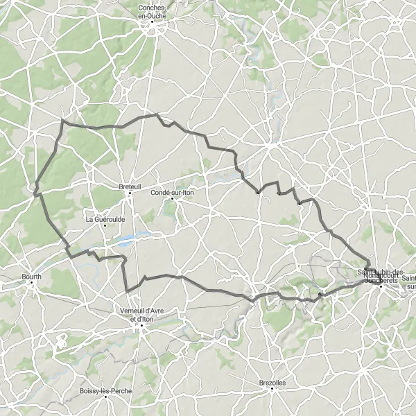 Miniature de la carte de l'inspiration cycliste "Boucle autour de Nonancourt via Tillières-sur-Avre" dans la Haute-Normandie, France. Générée par le planificateur d'itinéraire cycliste Tarmacs.app