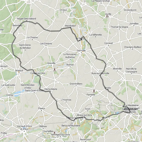 Miniature de la carte de l'inspiration cycliste "Escapade bucolique vers Manthelon" dans la Haute-Normandie, France. Générée par le planificateur d'itinéraire cycliste Tarmacs.app