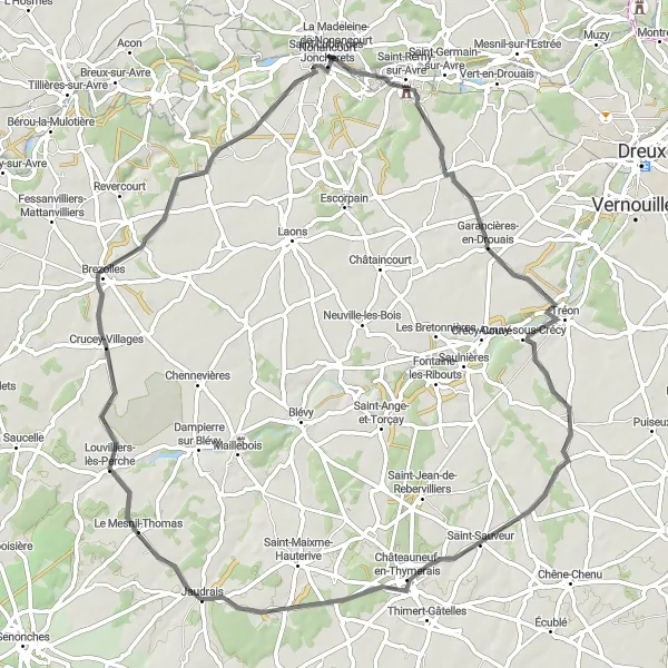 Miniature de la carte de l'inspiration cycliste "Tour panoramique entre Nonancourt et Saint-Lubin-des-Joncherets" dans la Haute-Normandie, France. Générée par le planificateur d'itinéraire cycliste Tarmacs.app