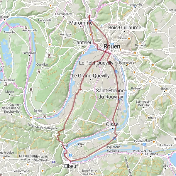 Miniature de la carte de l'inspiration cycliste "Parcours gravel autour de Rouen" dans la Haute-Normandie, France. Générée par le planificateur d'itinéraire cycliste Tarmacs.app