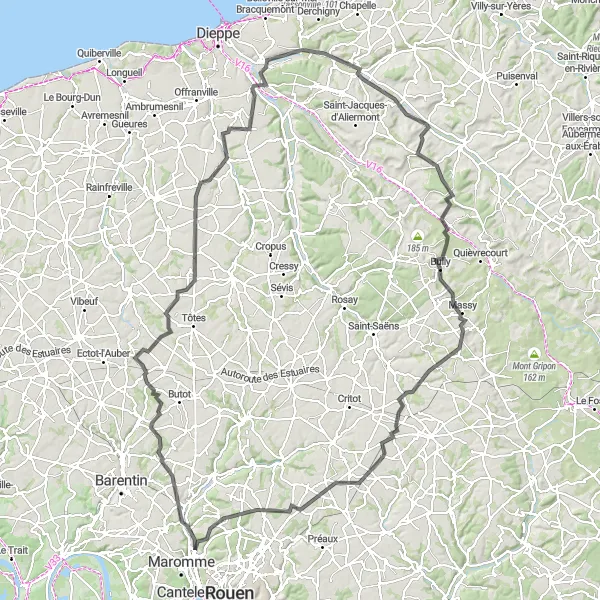 Miniature de la carte de l'inspiration cycliste "Aventure à travers la Vallée de la Scie" dans la Haute-Normandie, France. Générée par le planificateur d'itinéraire cycliste Tarmacs.app