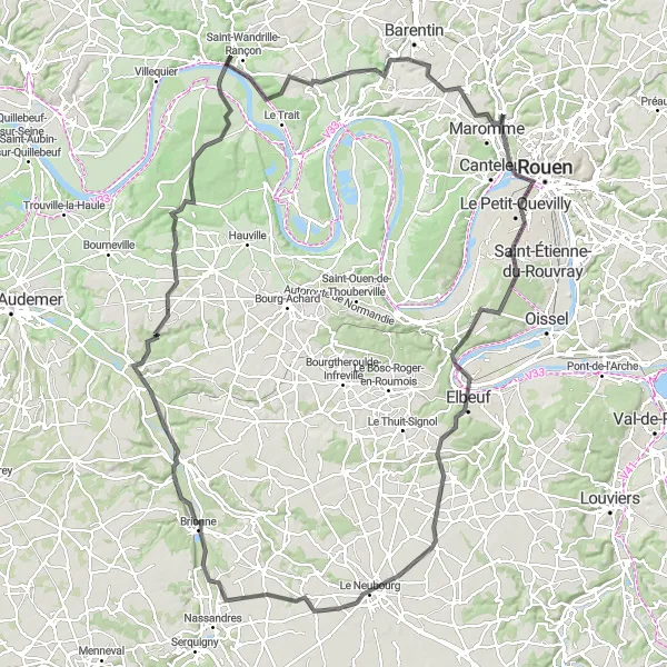 Miniature de la carte de l'inspiration cycliste "Exploration des Vallons de l'Eure" dans la Haute-Normandie, France. Générée par le planificateur d'itinéraire cycliste Tarmacs.app